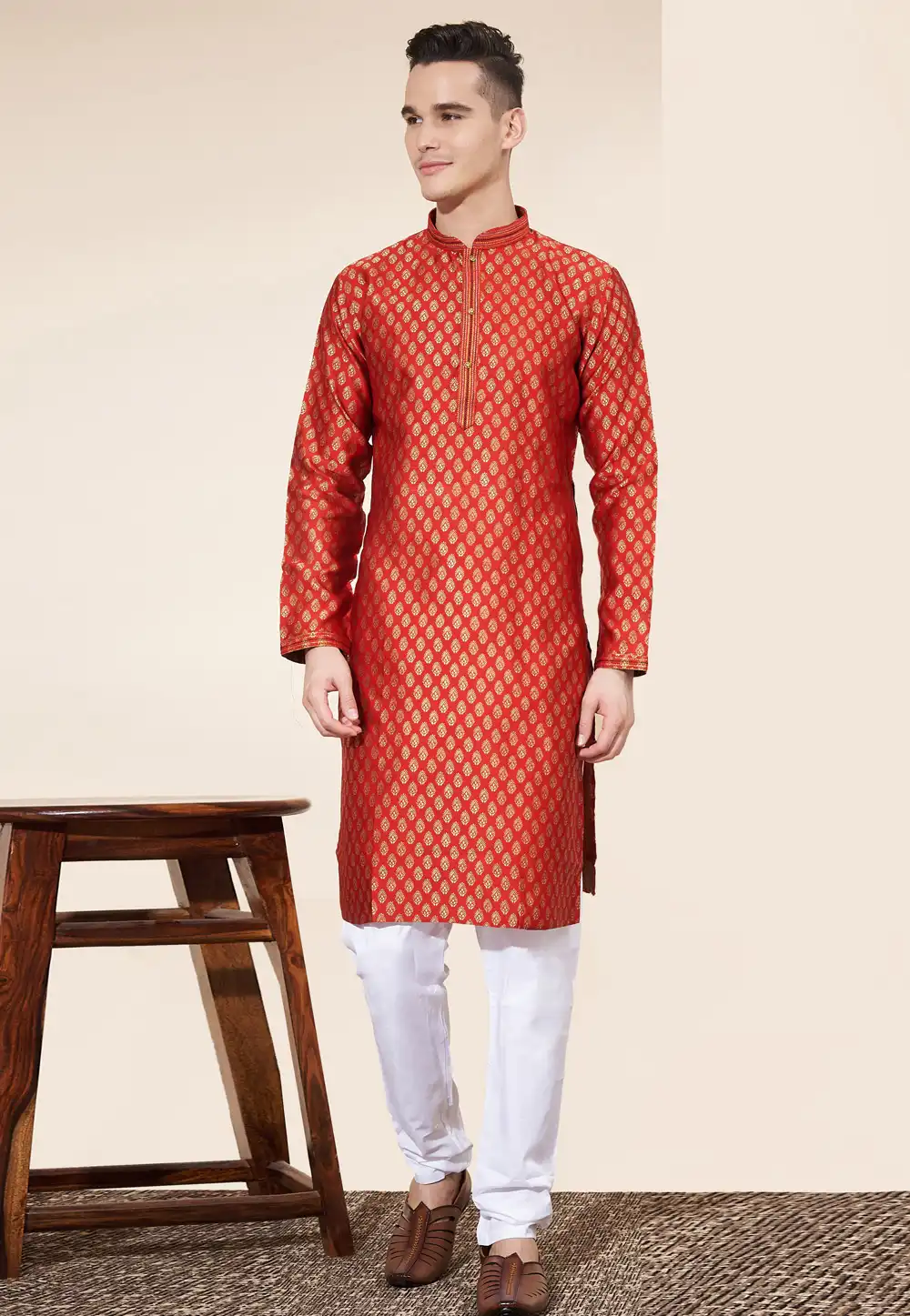 Red Jacquard Kurta Pajama 287873