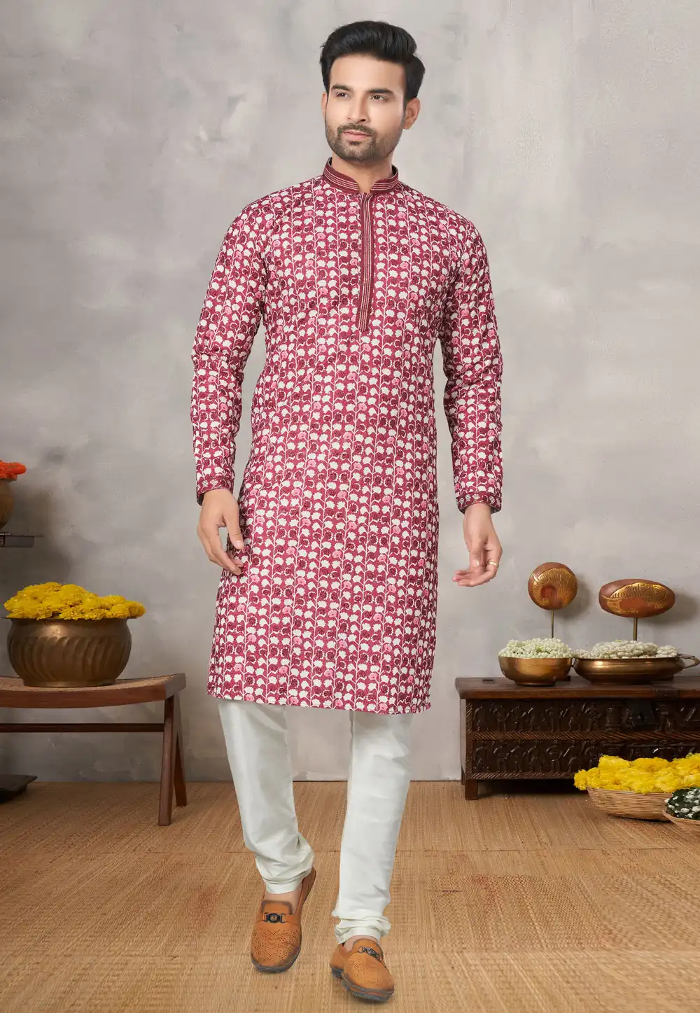 Red Jacquard Kurta Pajama 293901