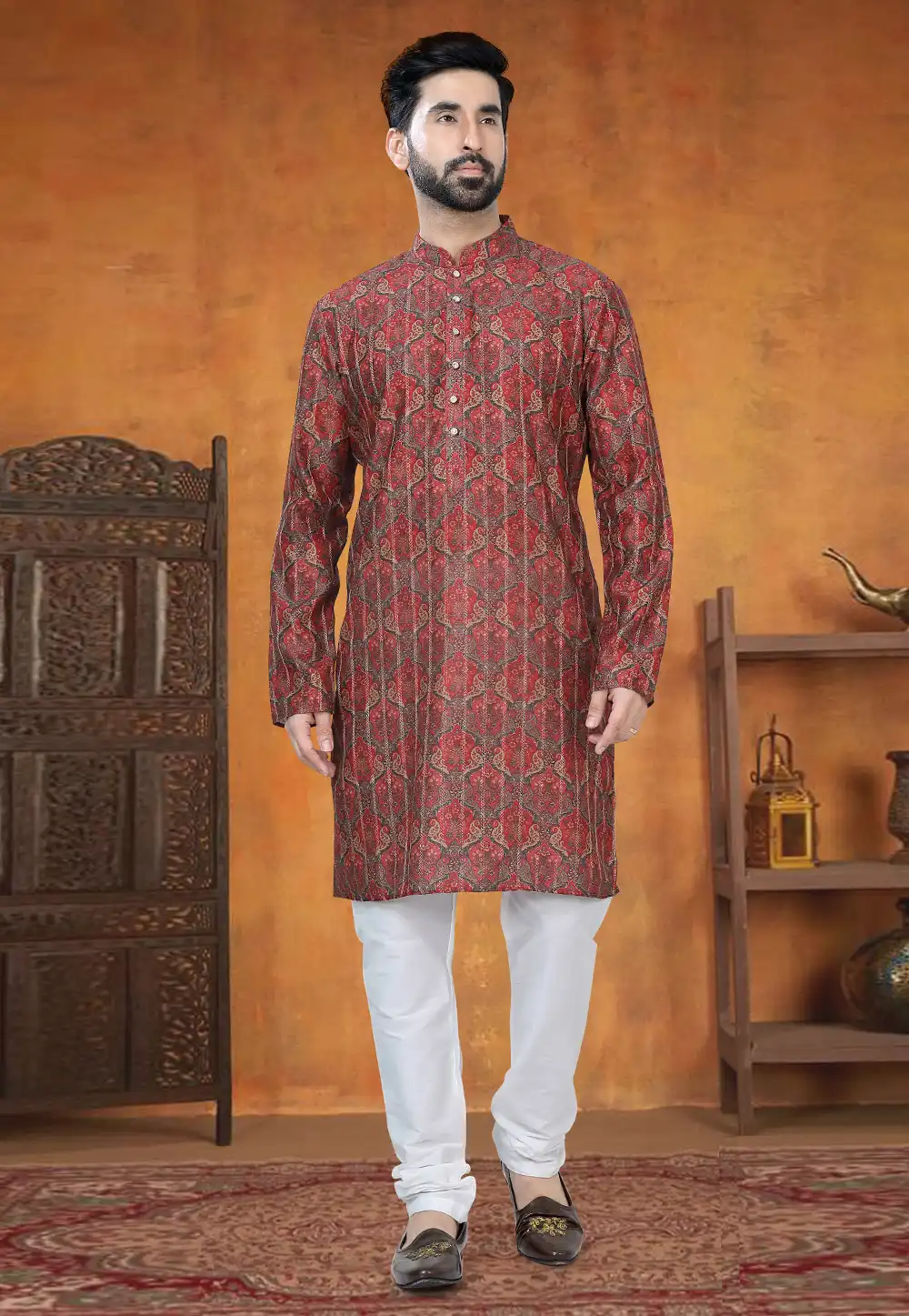 Red Jacquard Kurta Pajama 295017