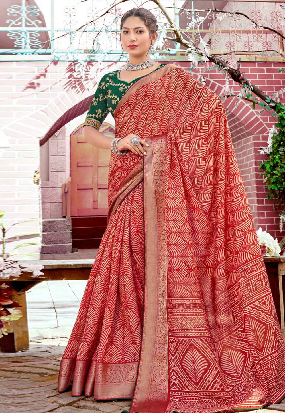 Red Jacquard Saree With Blouse 285395