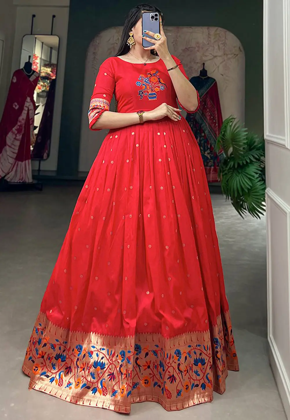 Red Jacquard Silk Gown 302554