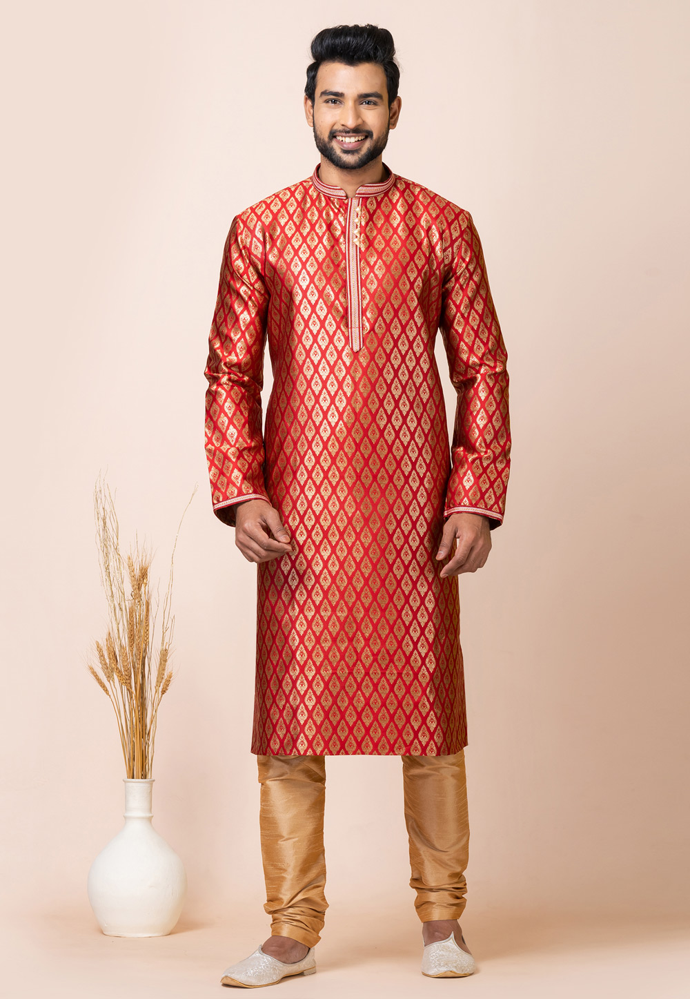 Red Jacquard Silk Kurta Pajama 286252