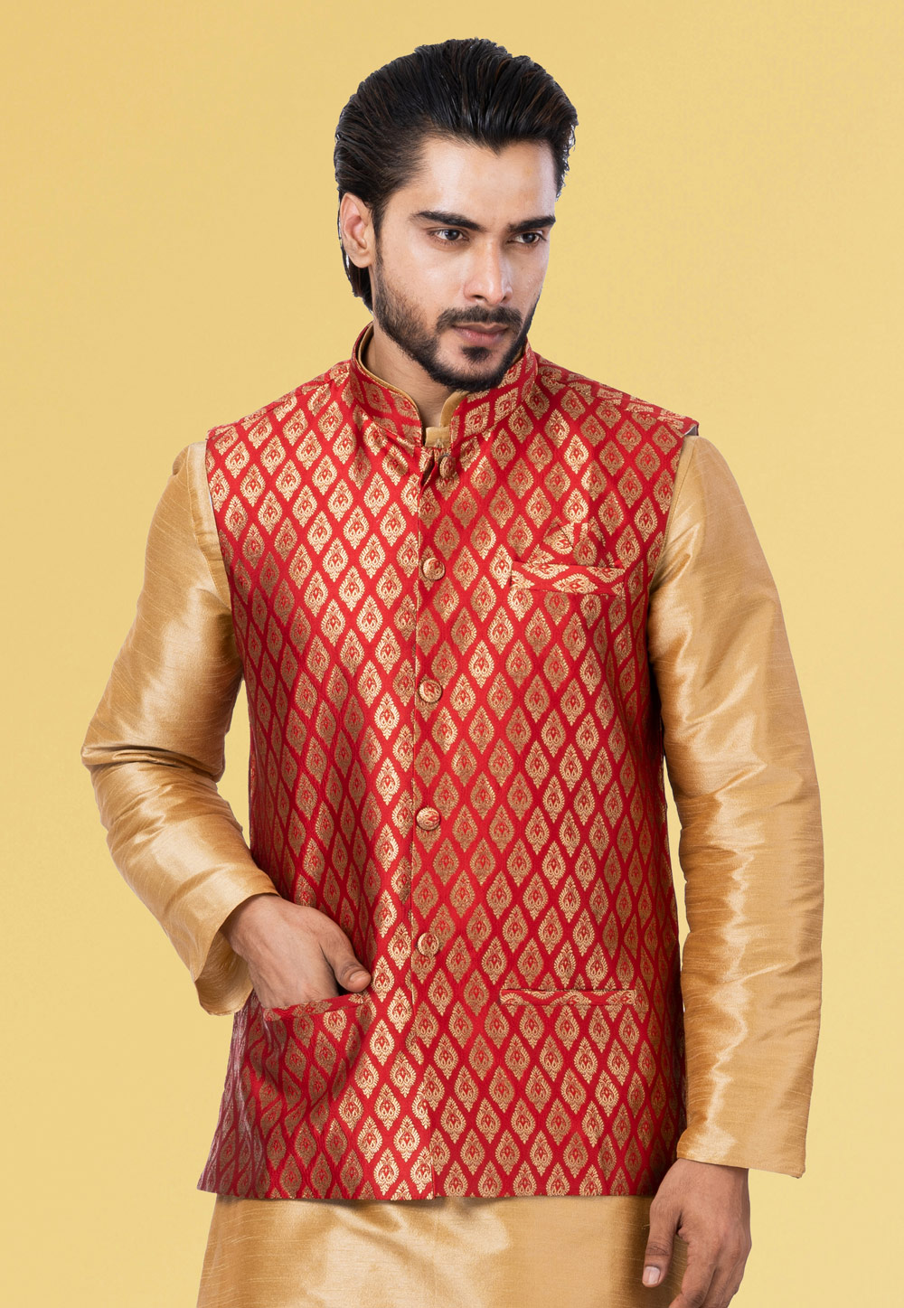 Red Jacquard Silk Nehru Jacket 286925