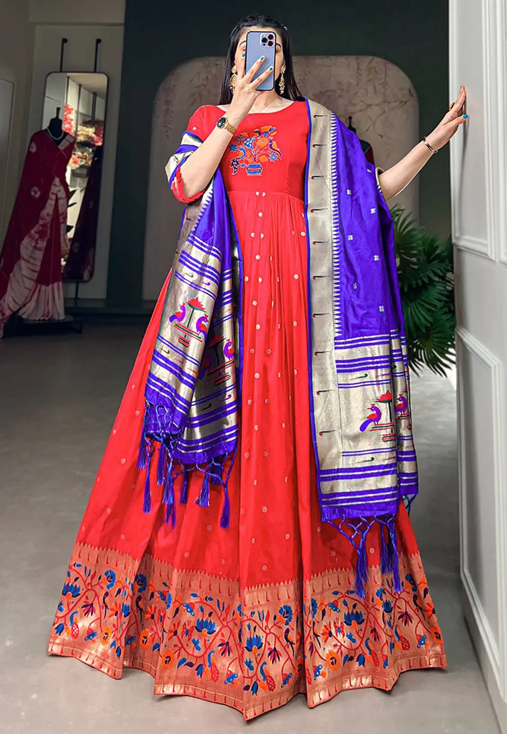 Red Jacquard Silk Readymade Anarkali Suit 302550