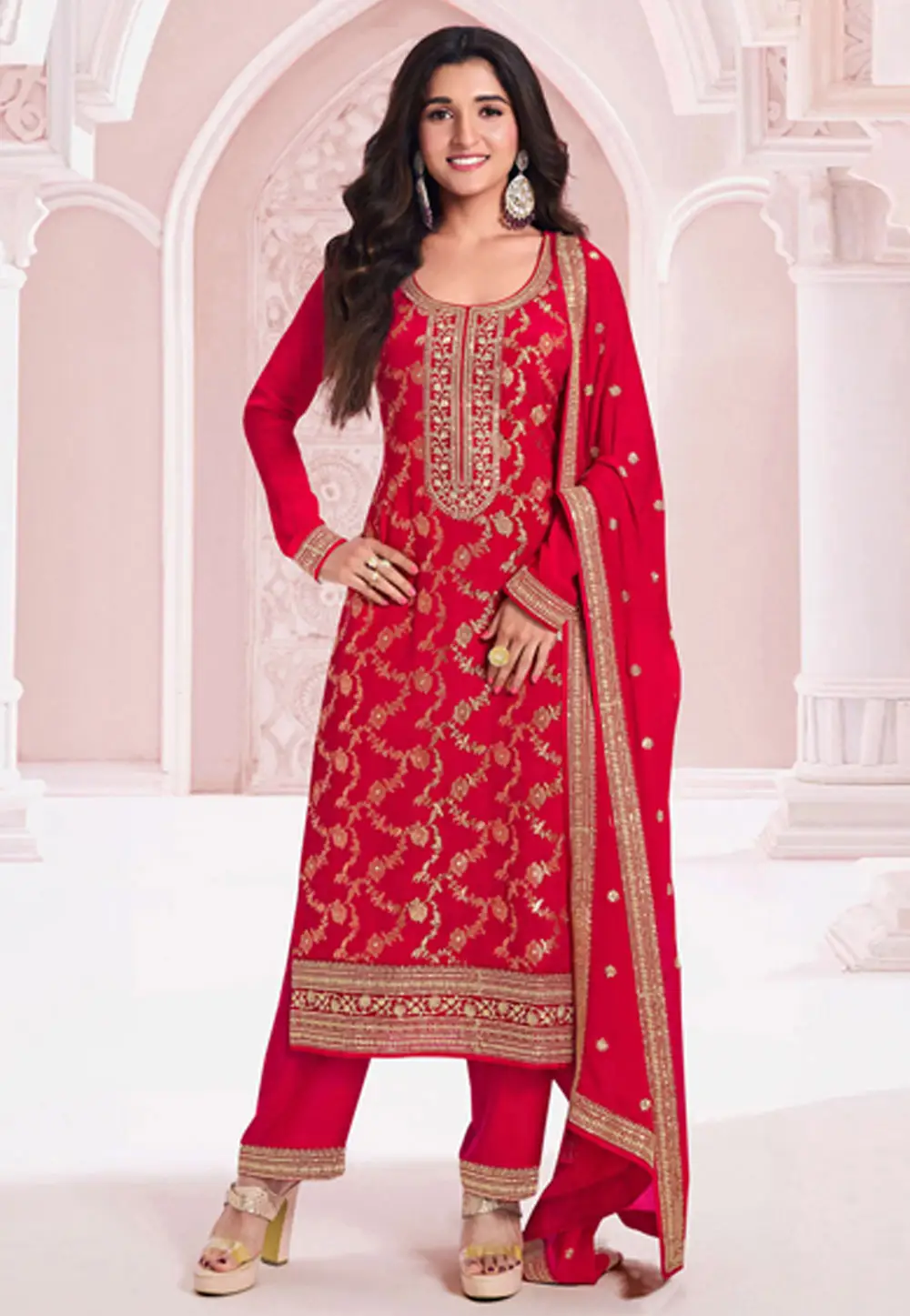 Red Jacquard Straight Suit 298635