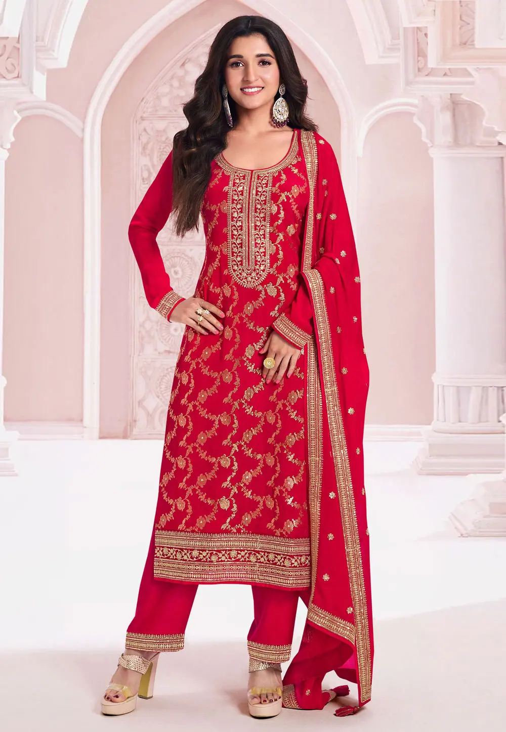 Red Jacquard Straight Suit 298635