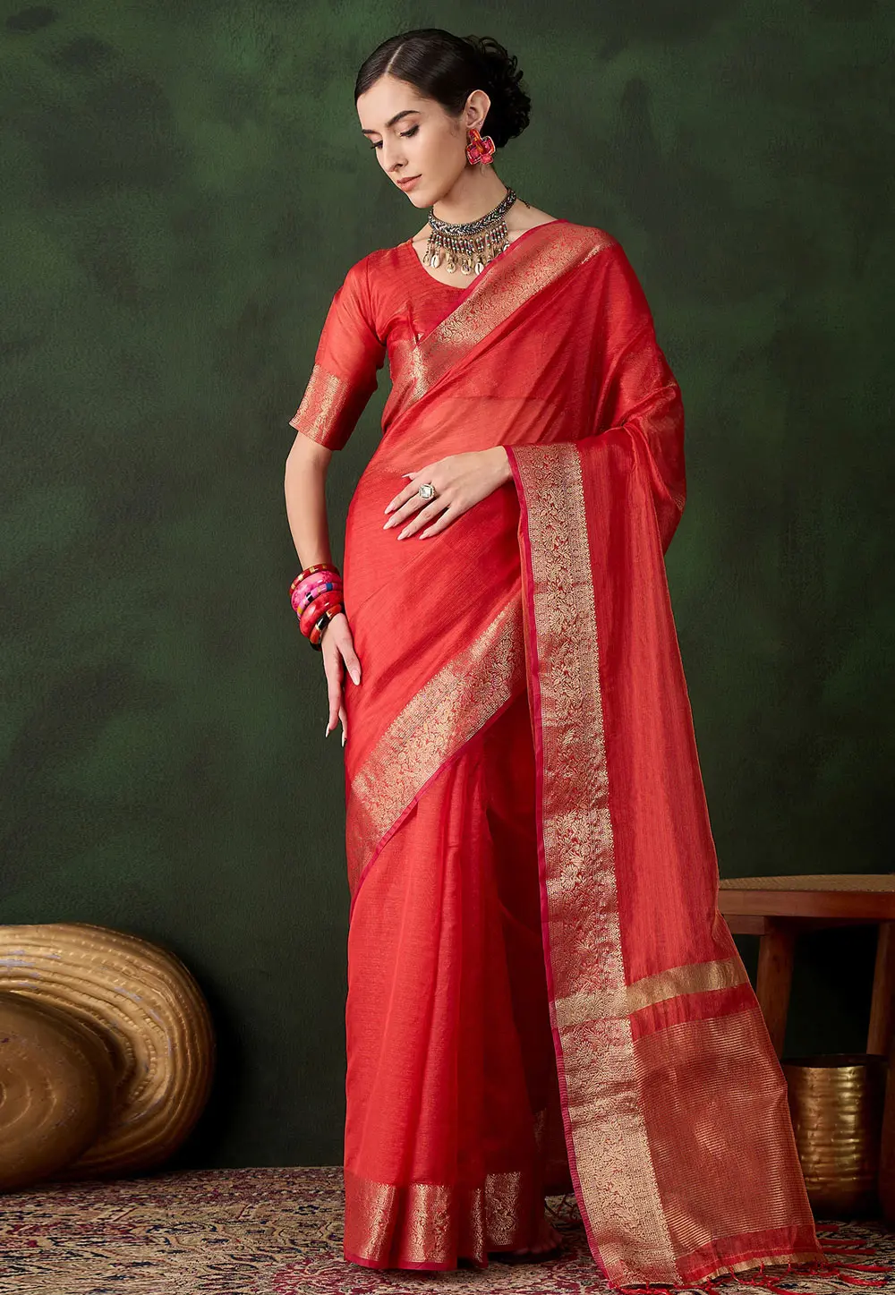 Red Khadi Saree With Blouse 299395