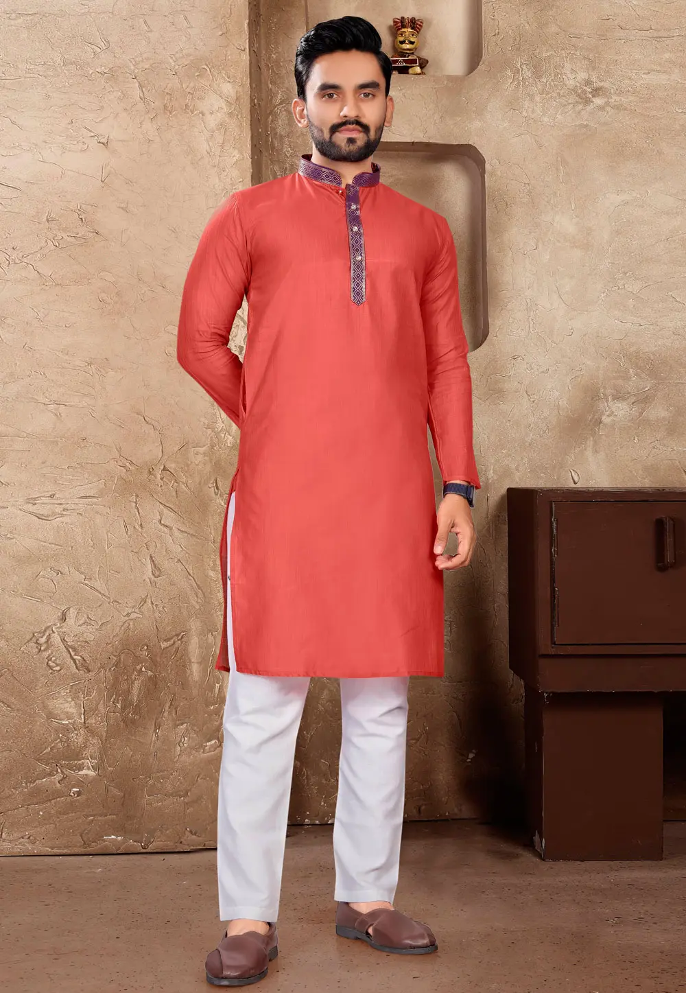 Red Linen Kurta Pajama 300140