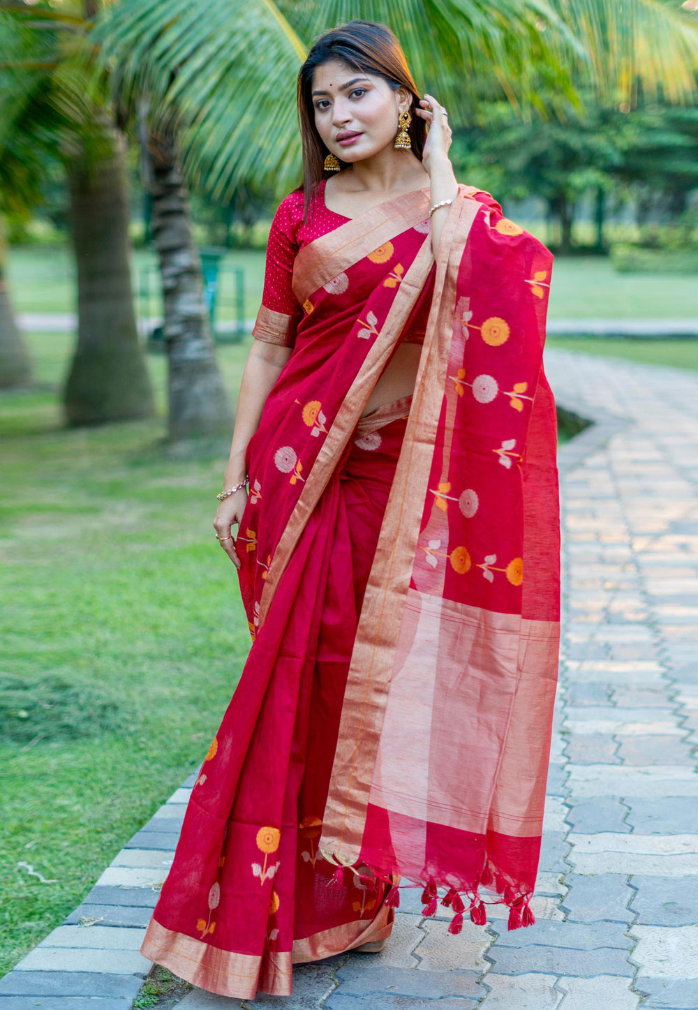 Red Linen Saree With Blouse 280411