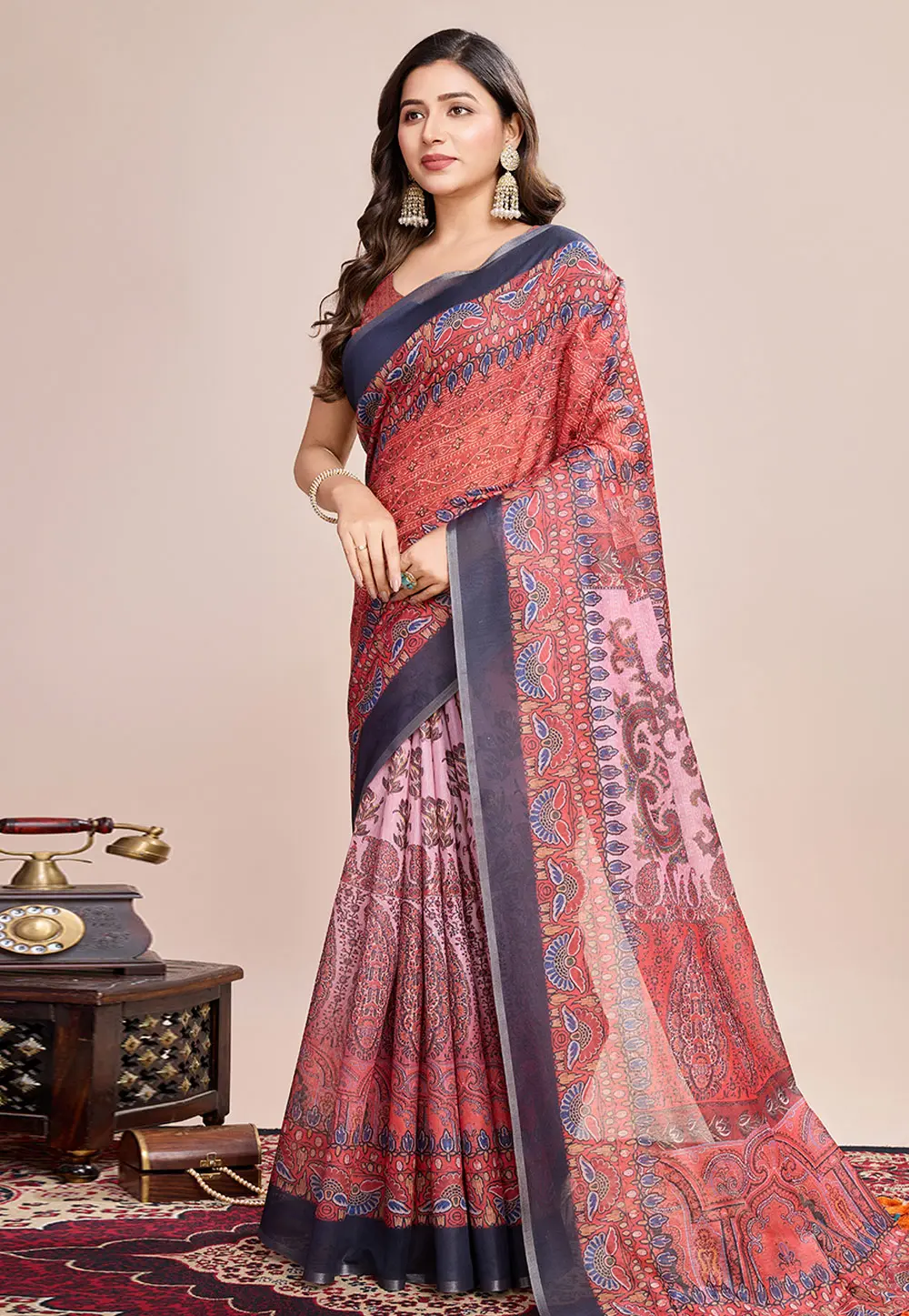 Red Linen Saree With Blouse 300105