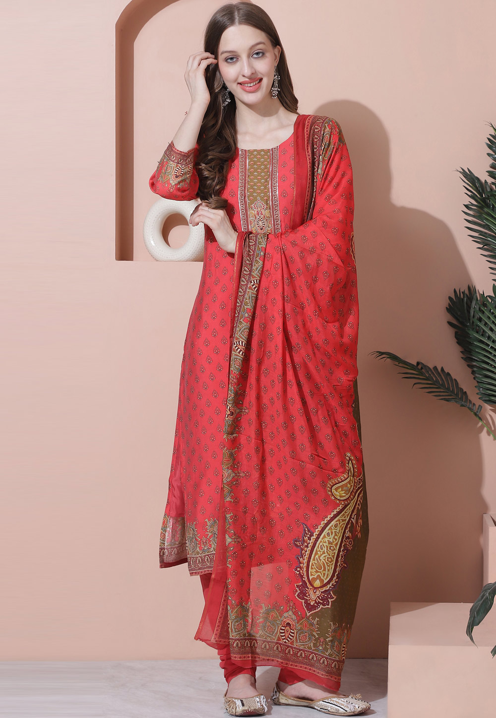 Red Muslin Churidar Suit 310057