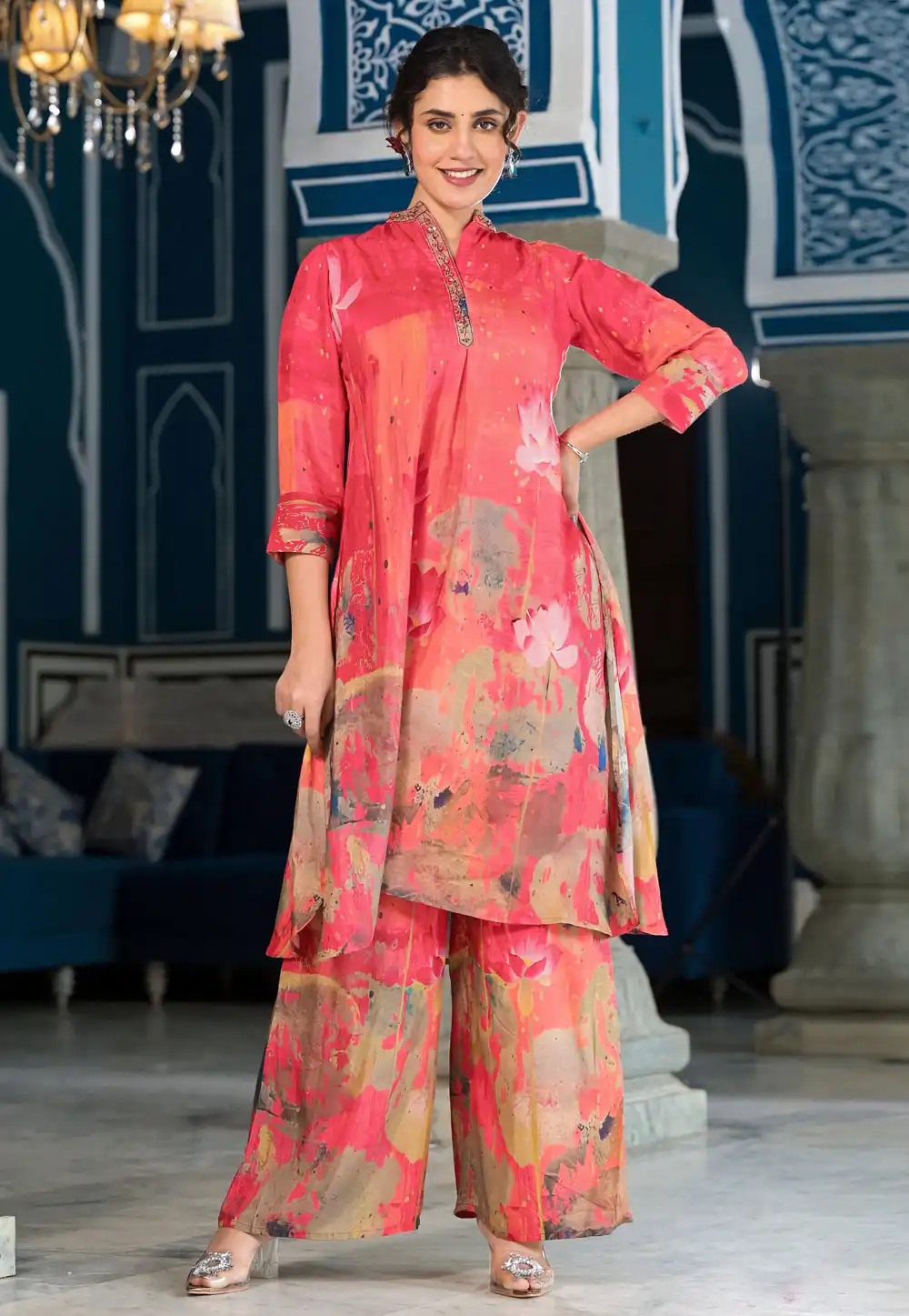 Red Muslin Kurta Set With Palazzo 292023