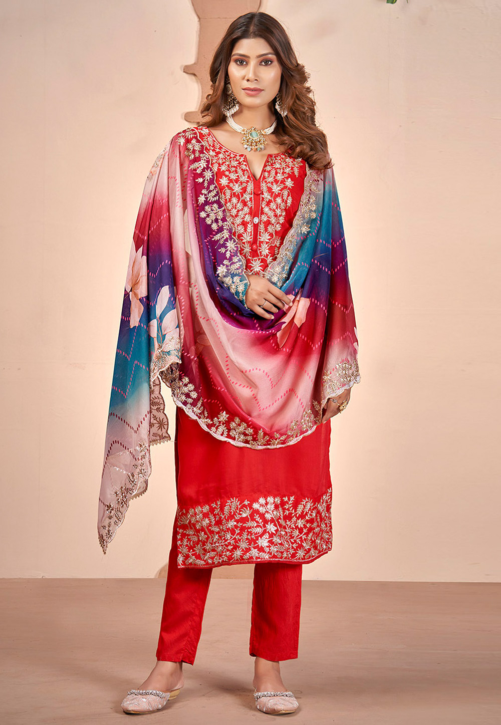 Red Muslin Pant Style Suit 309568