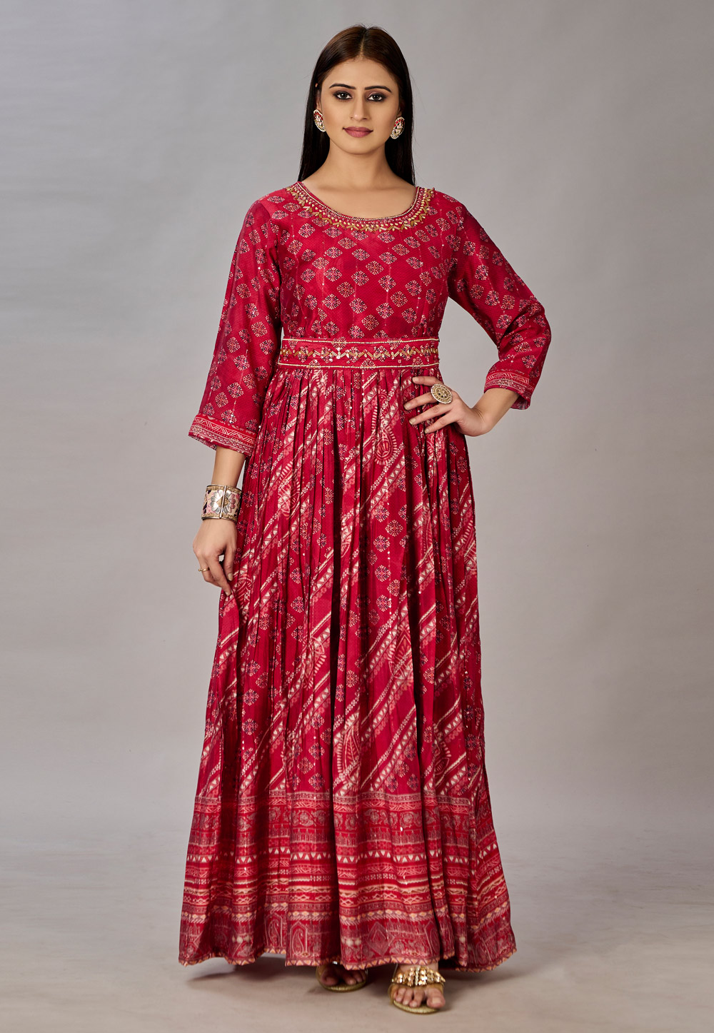Red Muslin Printed Gown 281222