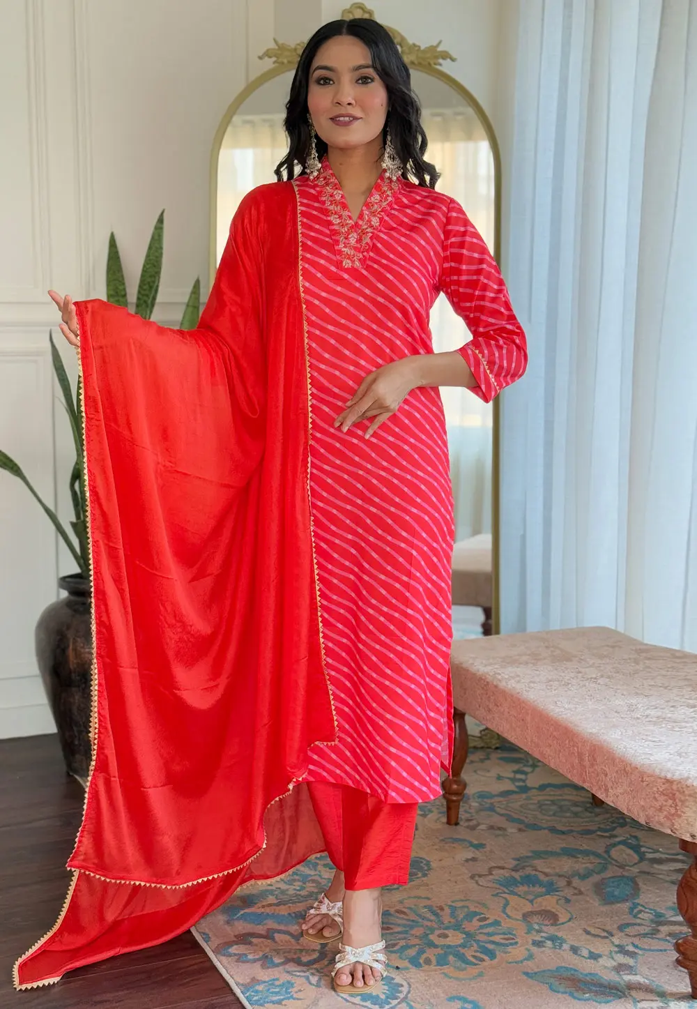 Red Muslin Readymade Pant Style Suit 303965