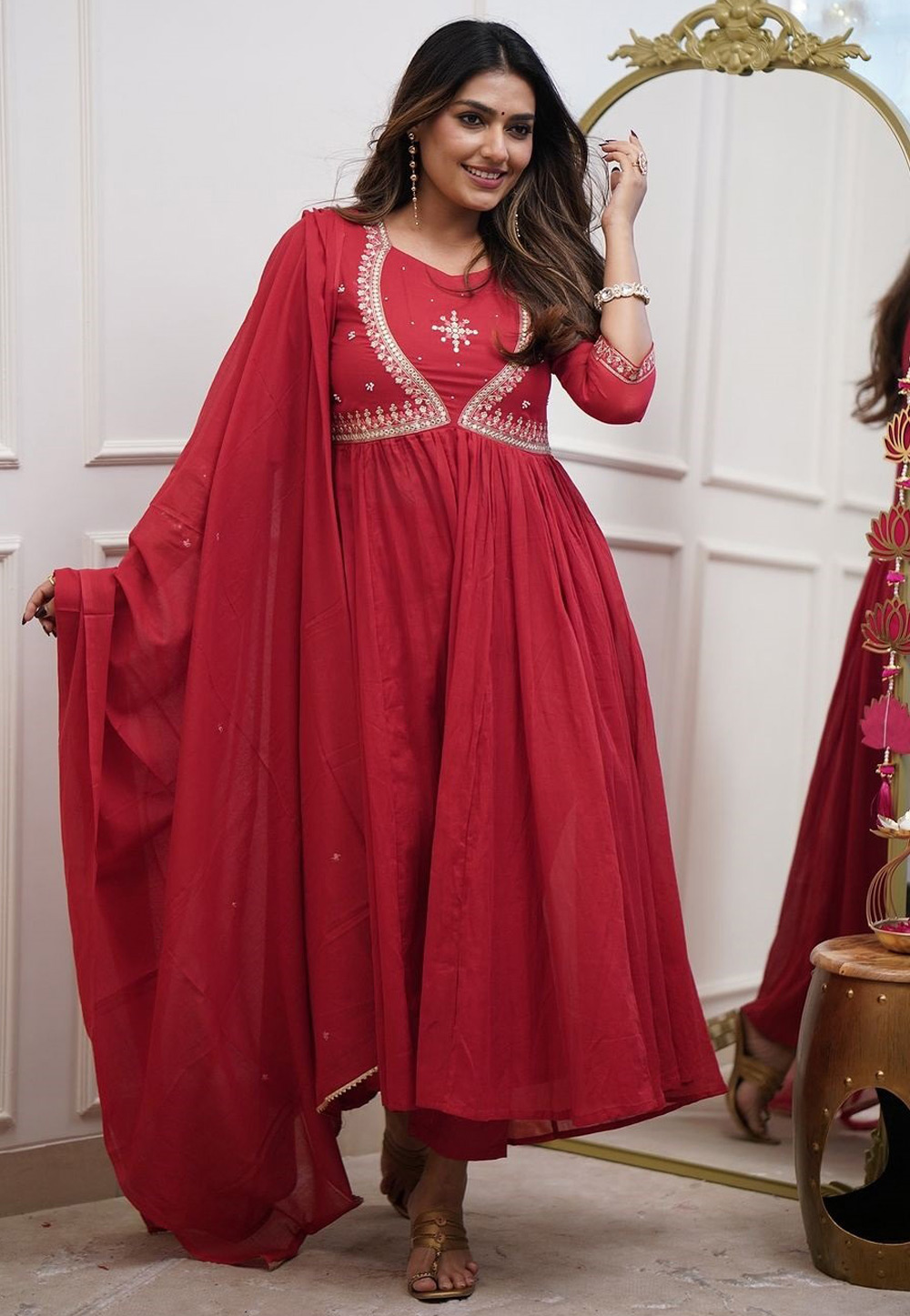 Red Muslin Readymade Pant Style Suit 309531