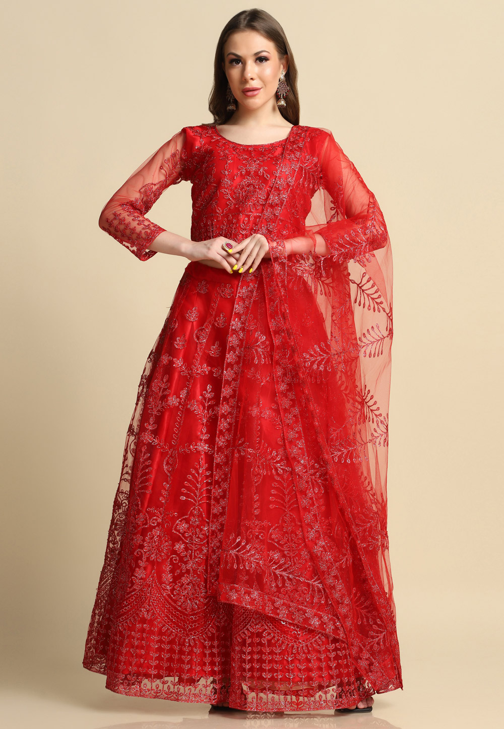 Red Net A Line Lehenga Choli 286396