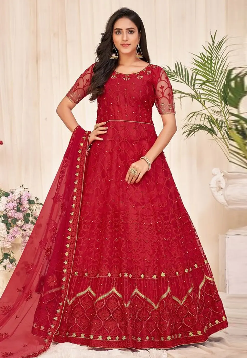 Red Net Anarkali Suit 300408