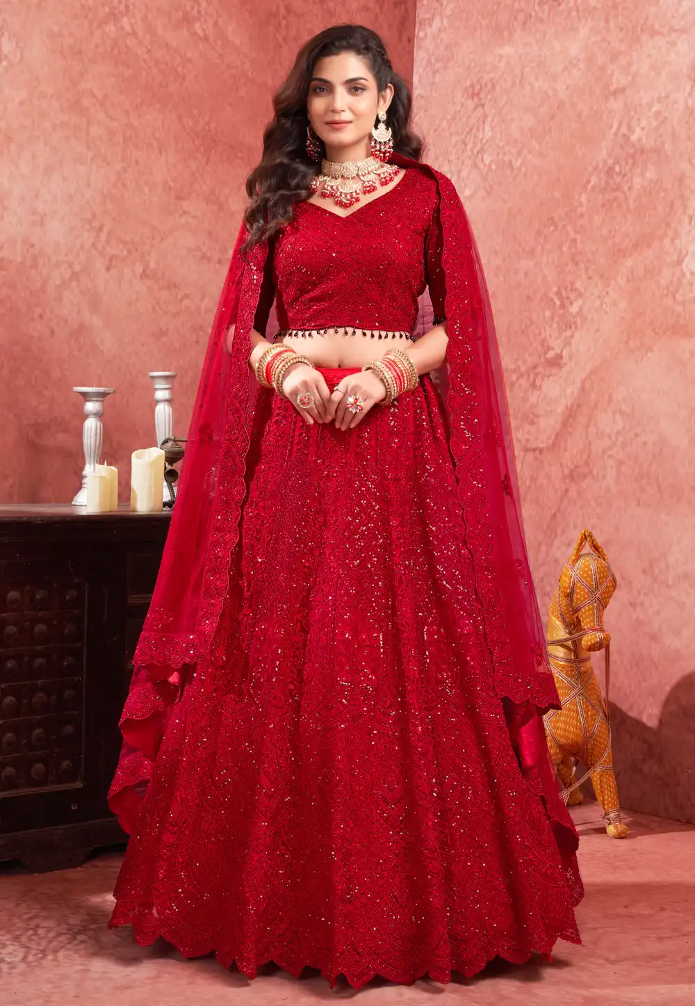 Red Net Circular Lehenga Choli 293549