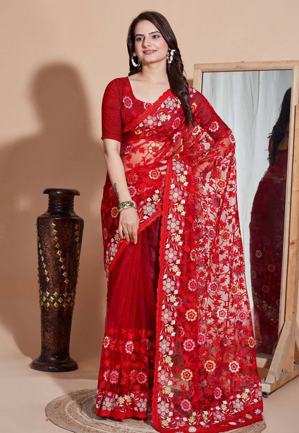 Red Net Saree With Blouse 281260