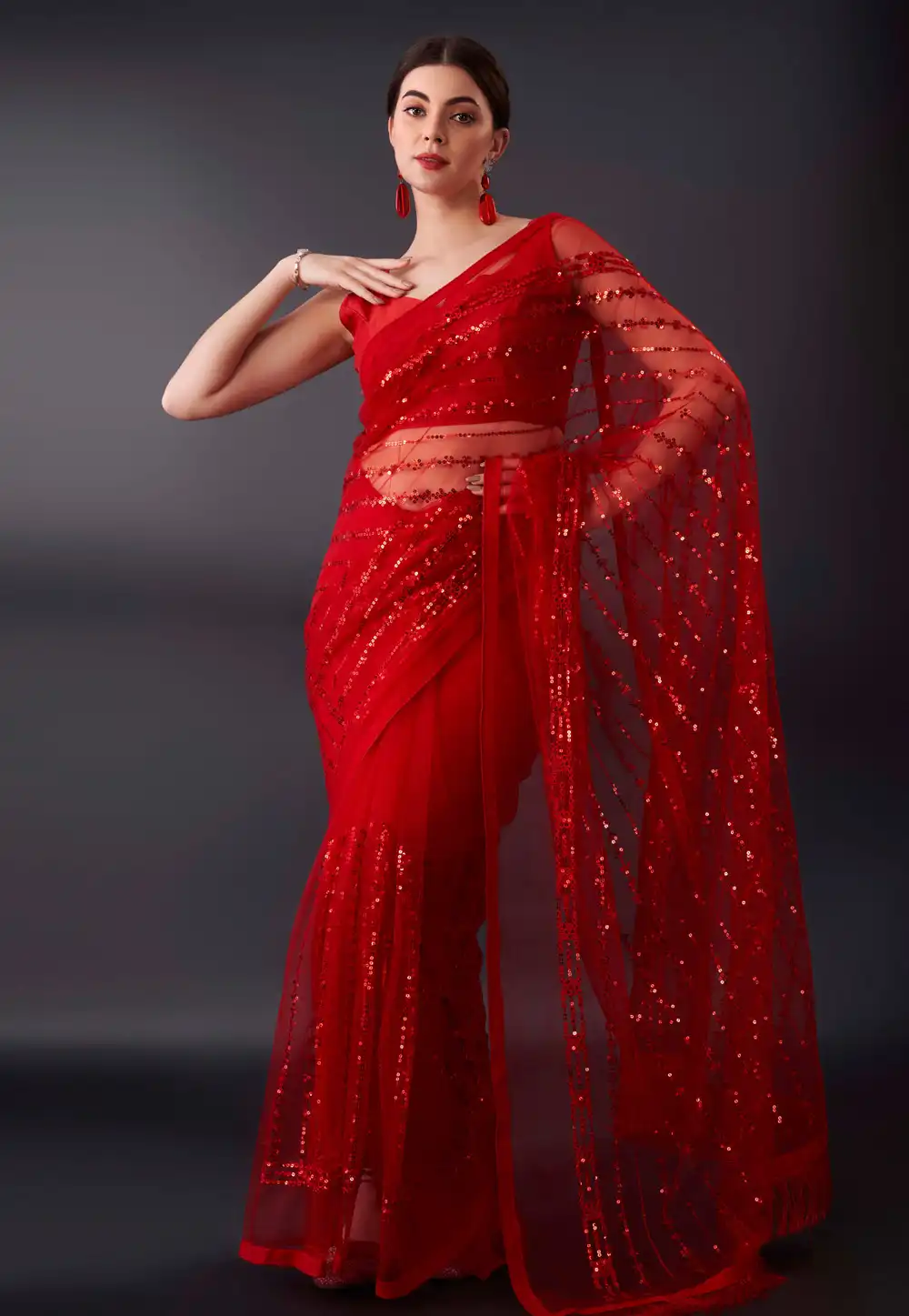 Red Net Saree With Blouse 291947