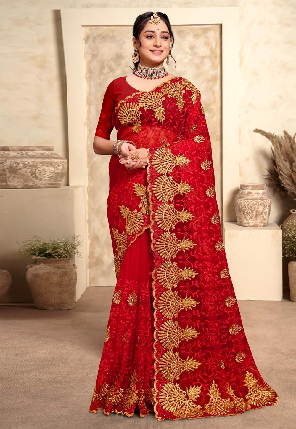 Red Net Saree With Blouse 280318