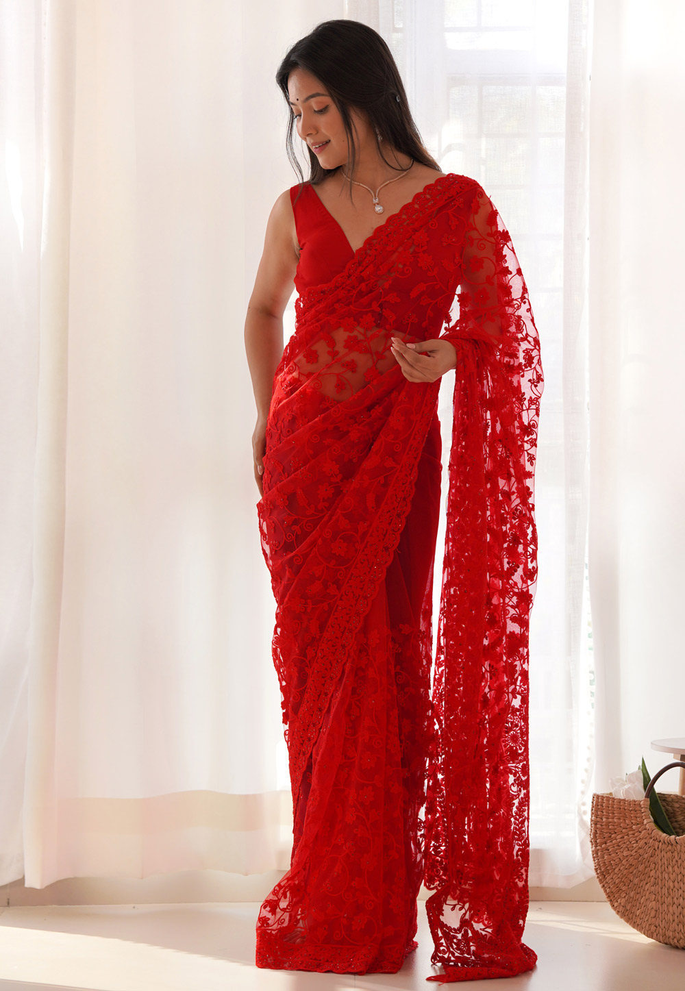 Red Net Saree With Blouse 309398