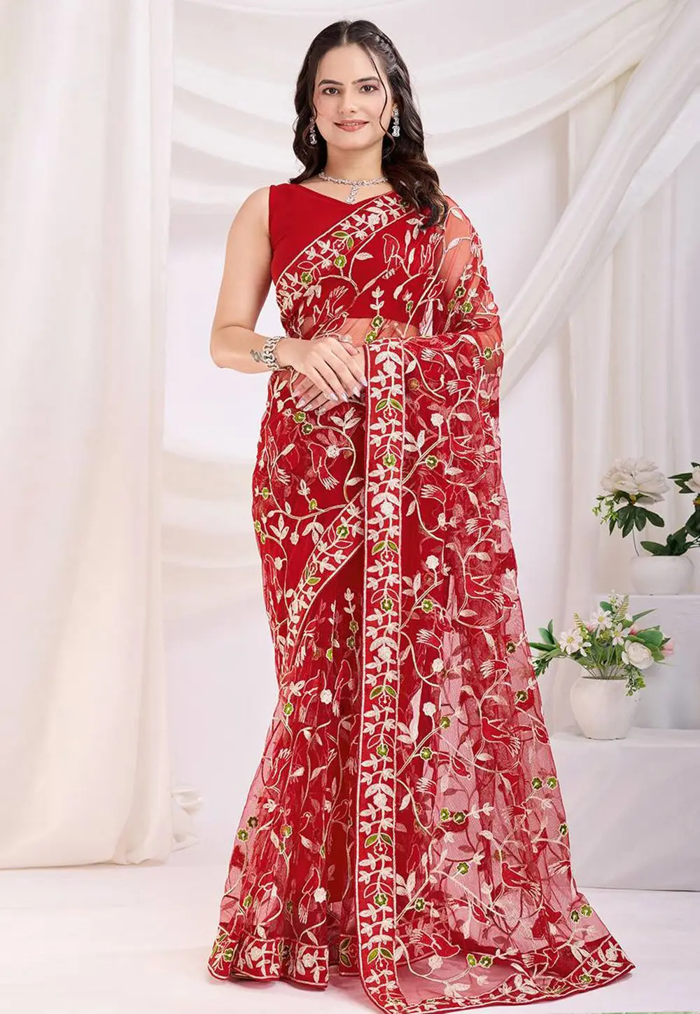 Red Net Saree With Blouse 303259