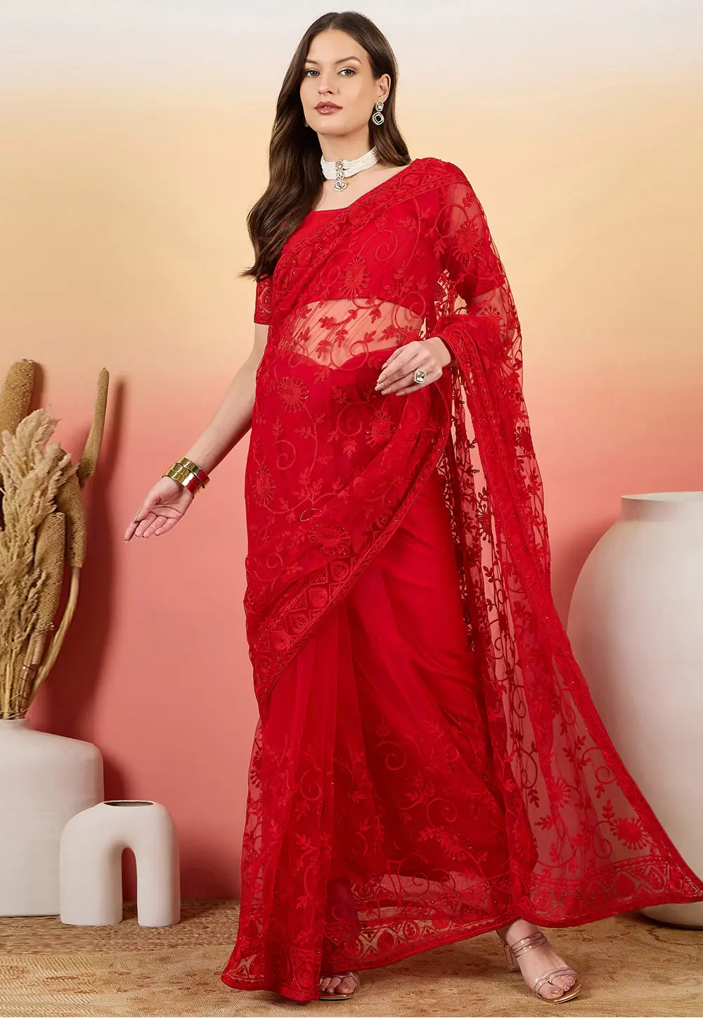 Red Net Saree With Blouse 304653