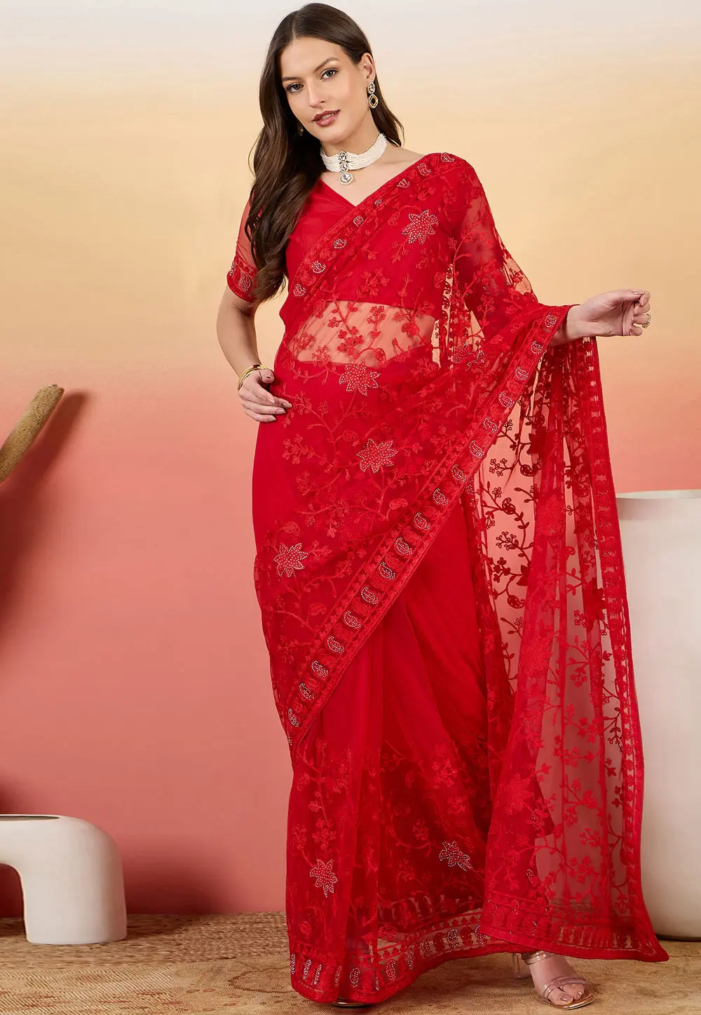 Red Net Saree With Blouse 304677