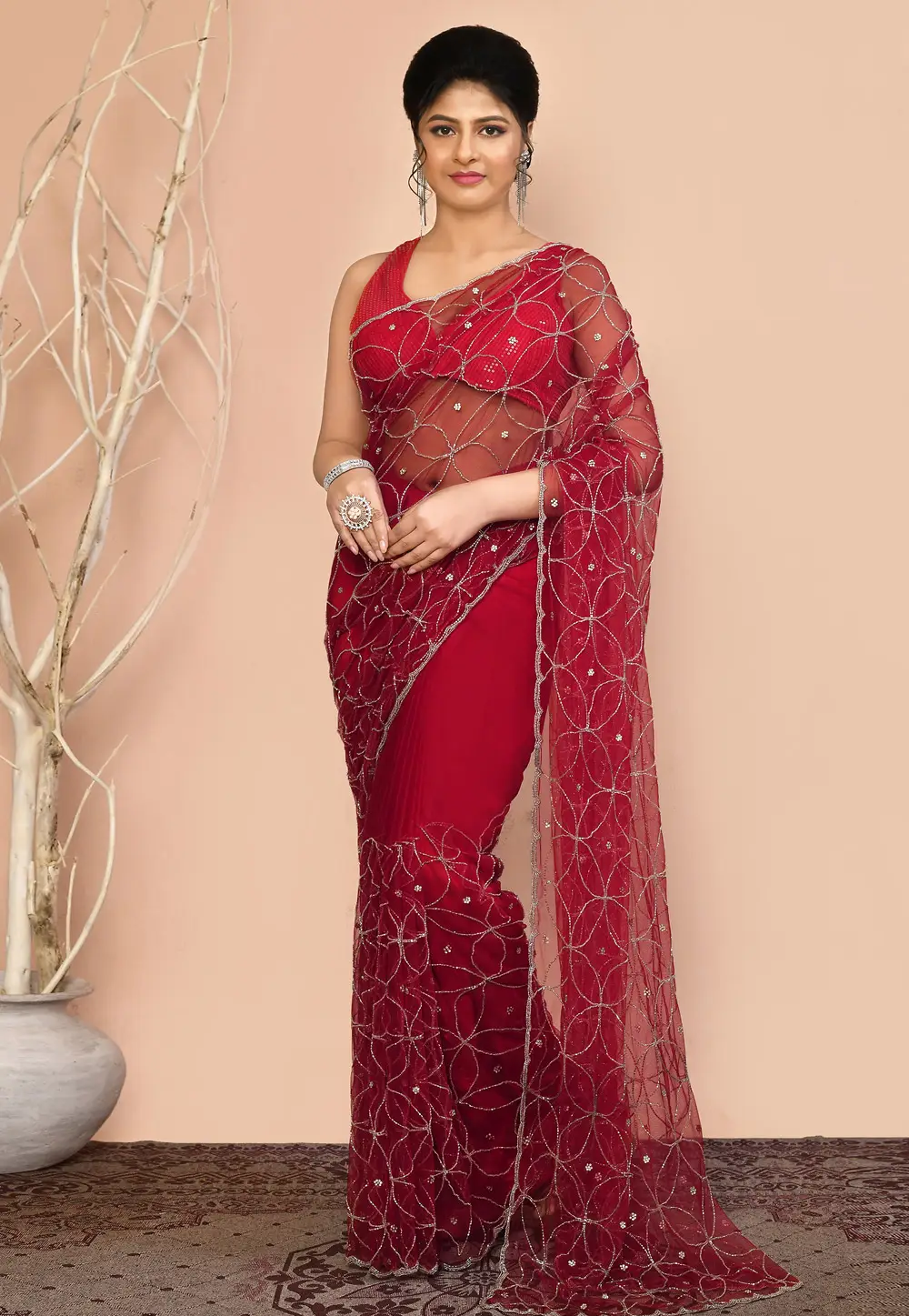 Red Net Saree With Blouse 295962