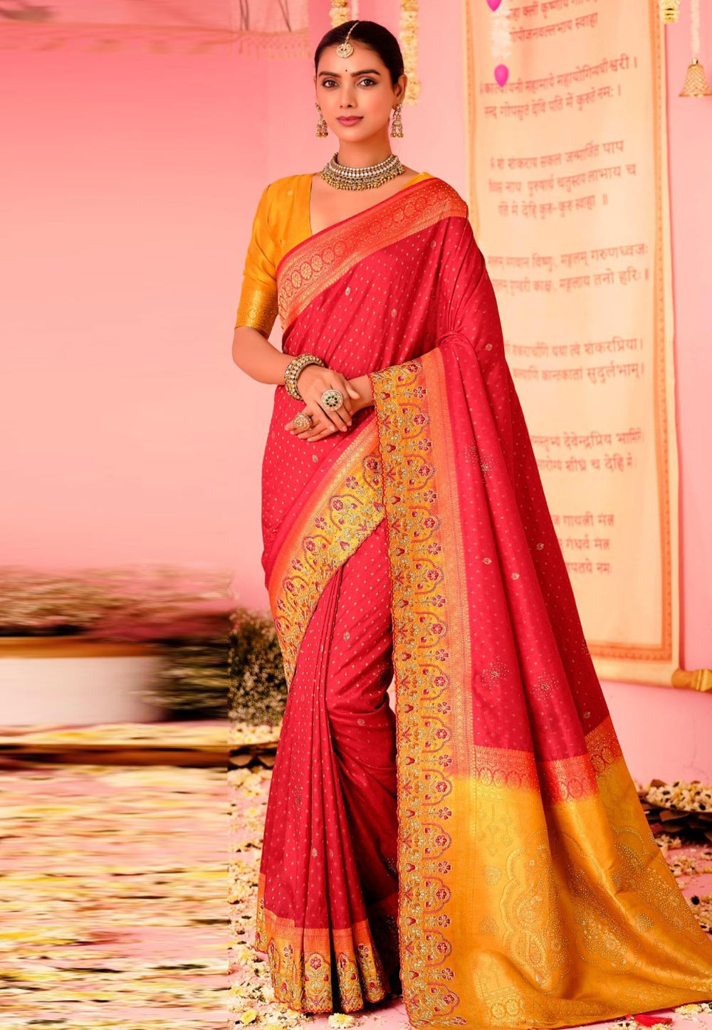 Red Nylon Saree With Blouse 306169