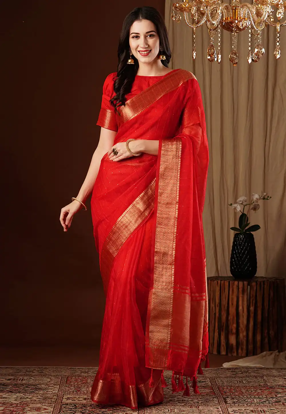 Red Organza Saree With Blouse 293502