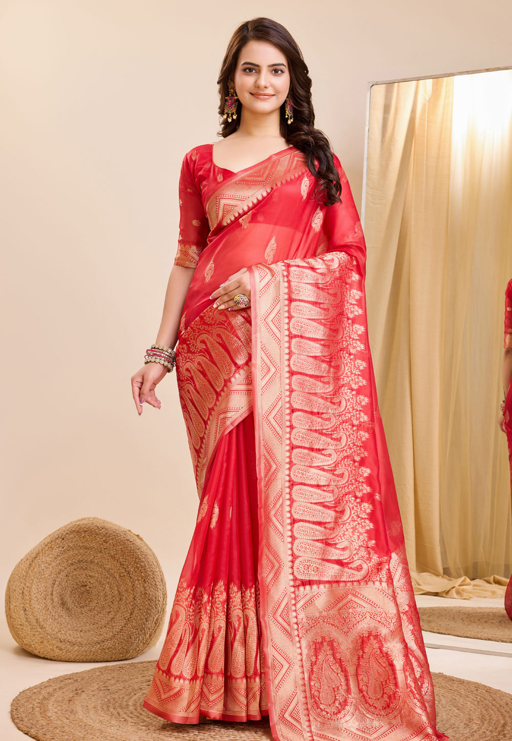 Red Organza Saree With Blouse 284273