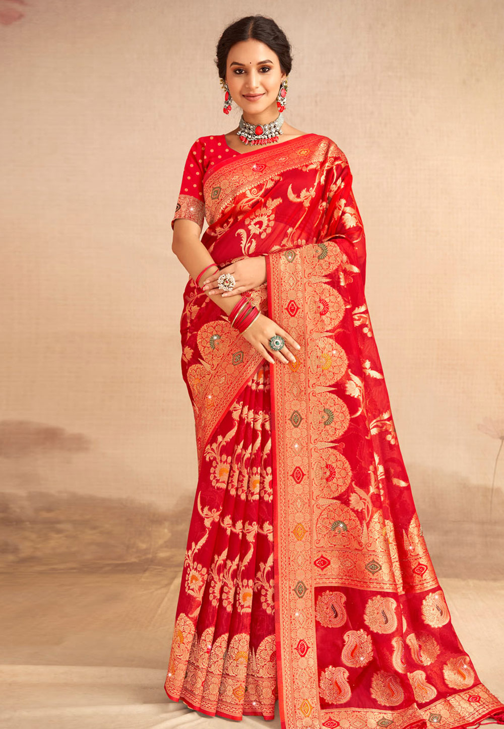 Red Organza Saree With Blouse 283748
