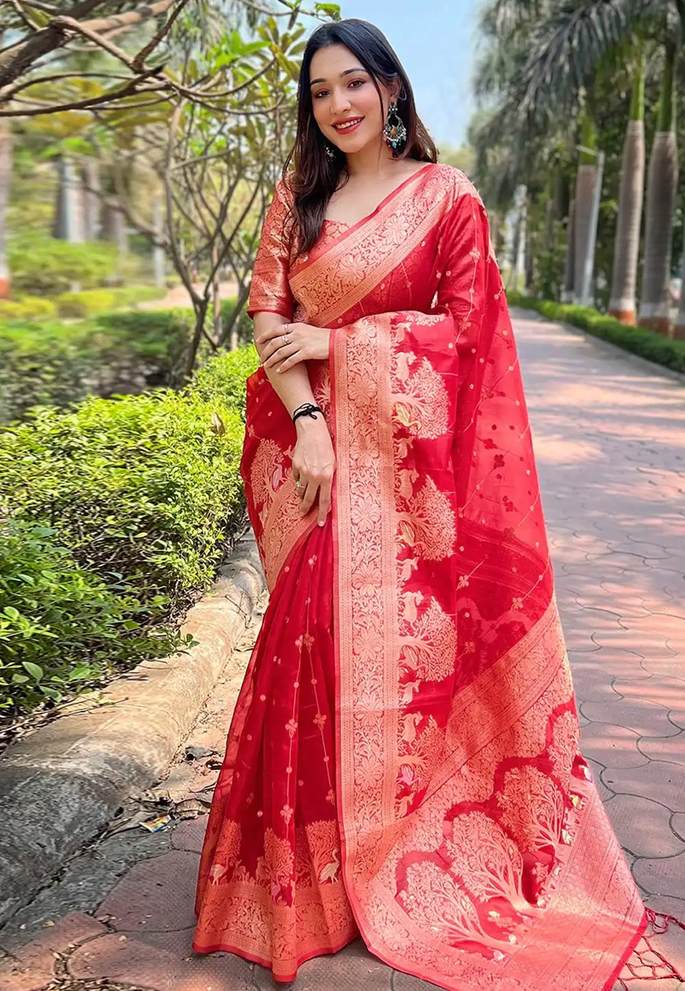 Red Organza Saree With Blouse 294057