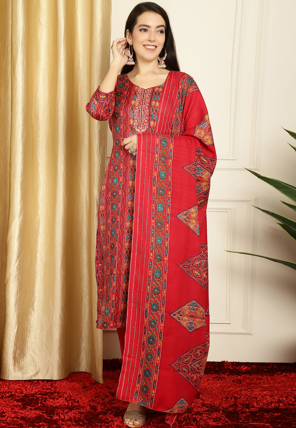 Red Pashmina Pant Style Suit 311038