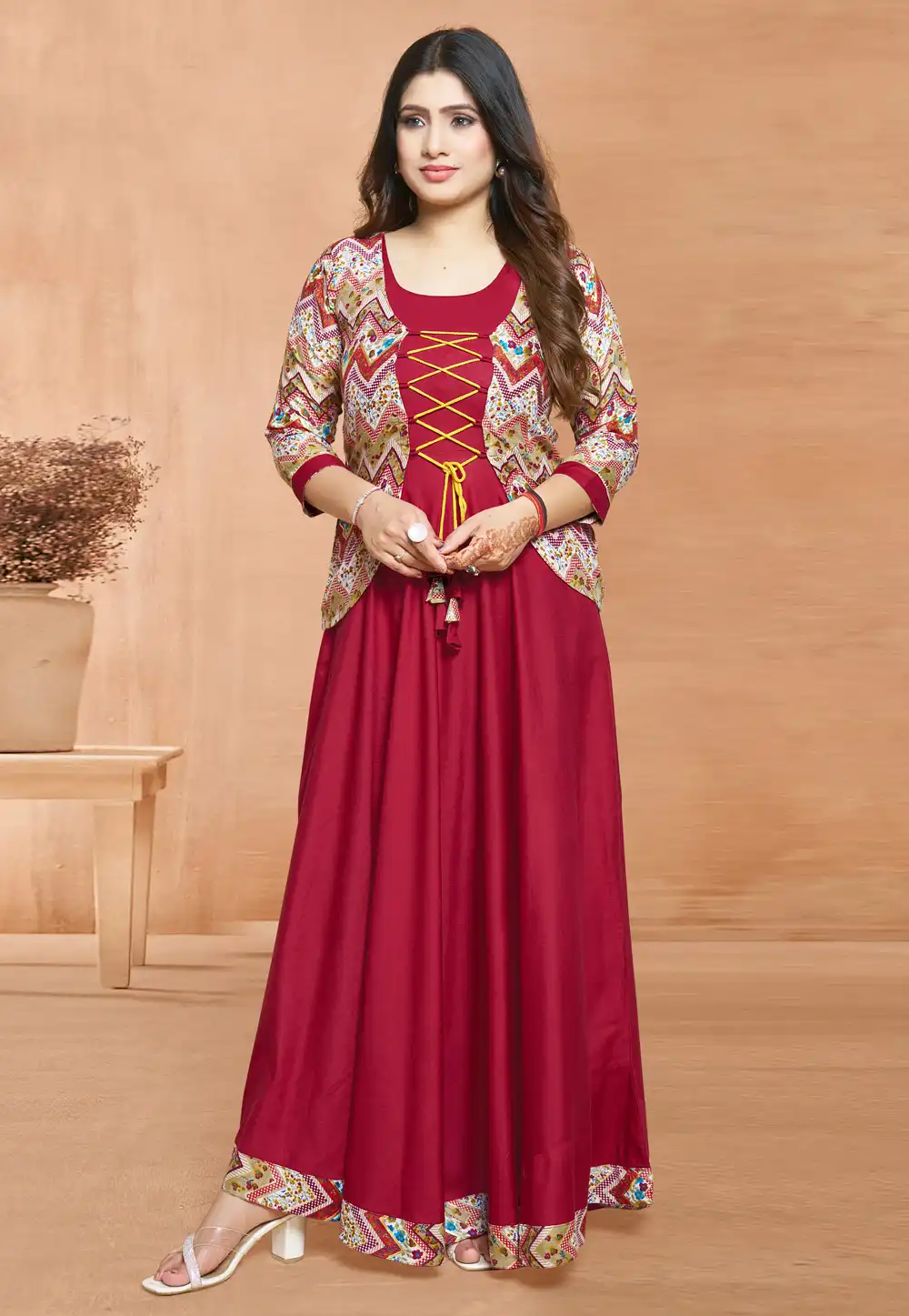 Red Rayon Gown With Jacket 294868