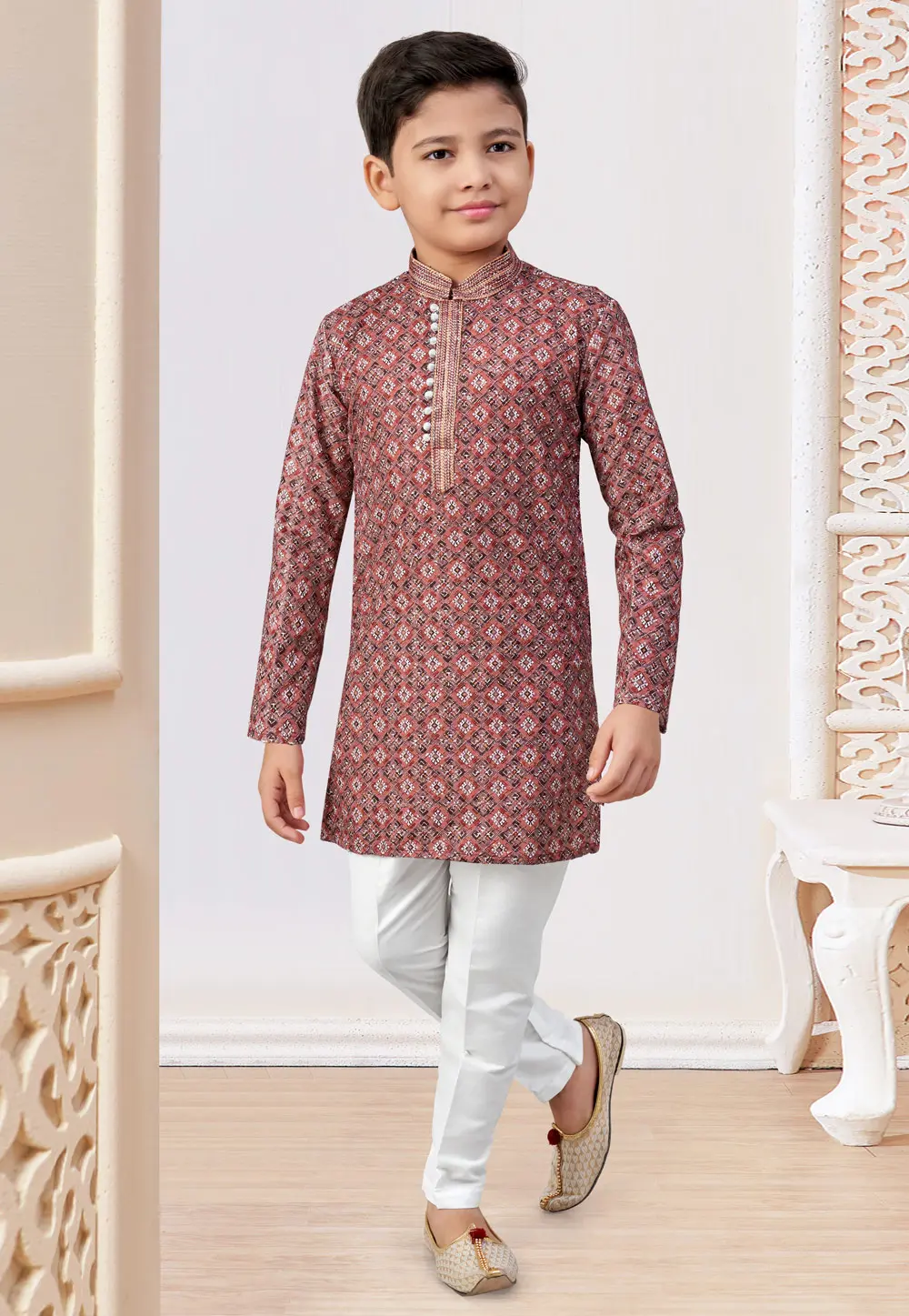 Red Rayon Kids Kurta Pajama 301343