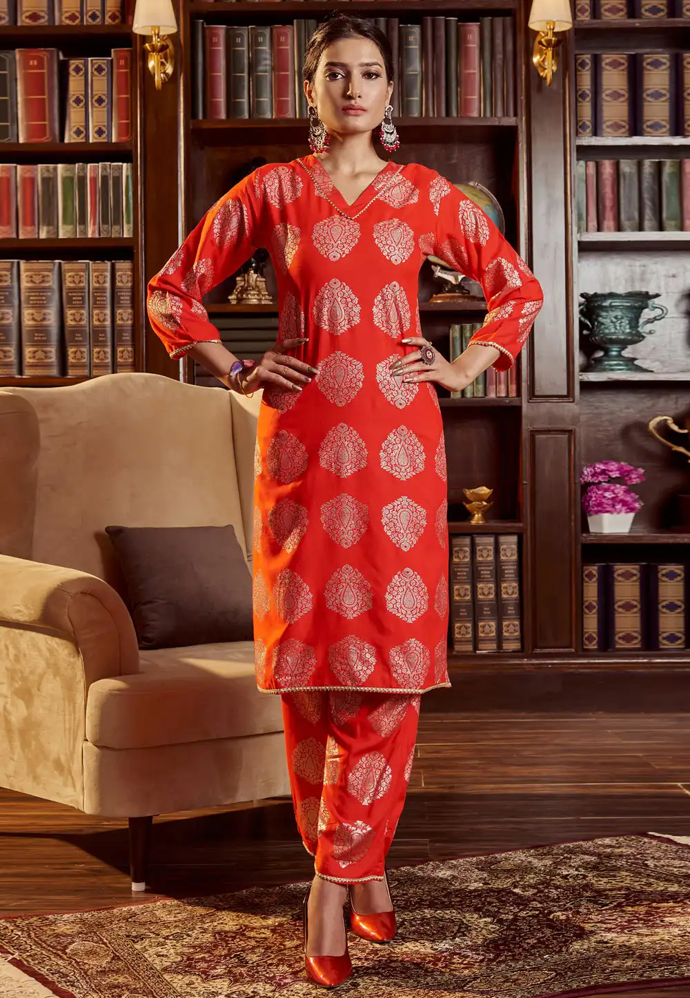 Red Rayon Kurta Set With Palazzo 288967