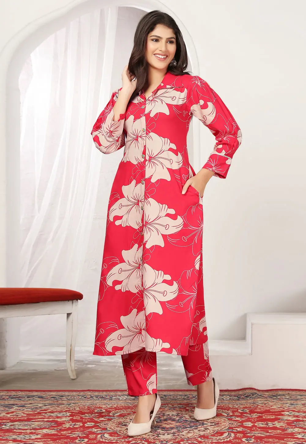 Red Rayon Kurta Set With Pent 304106