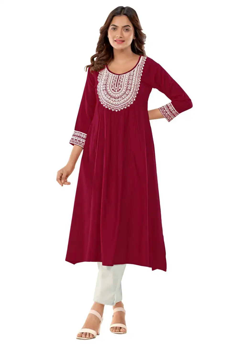 Red Rayon Long Kurti 288351