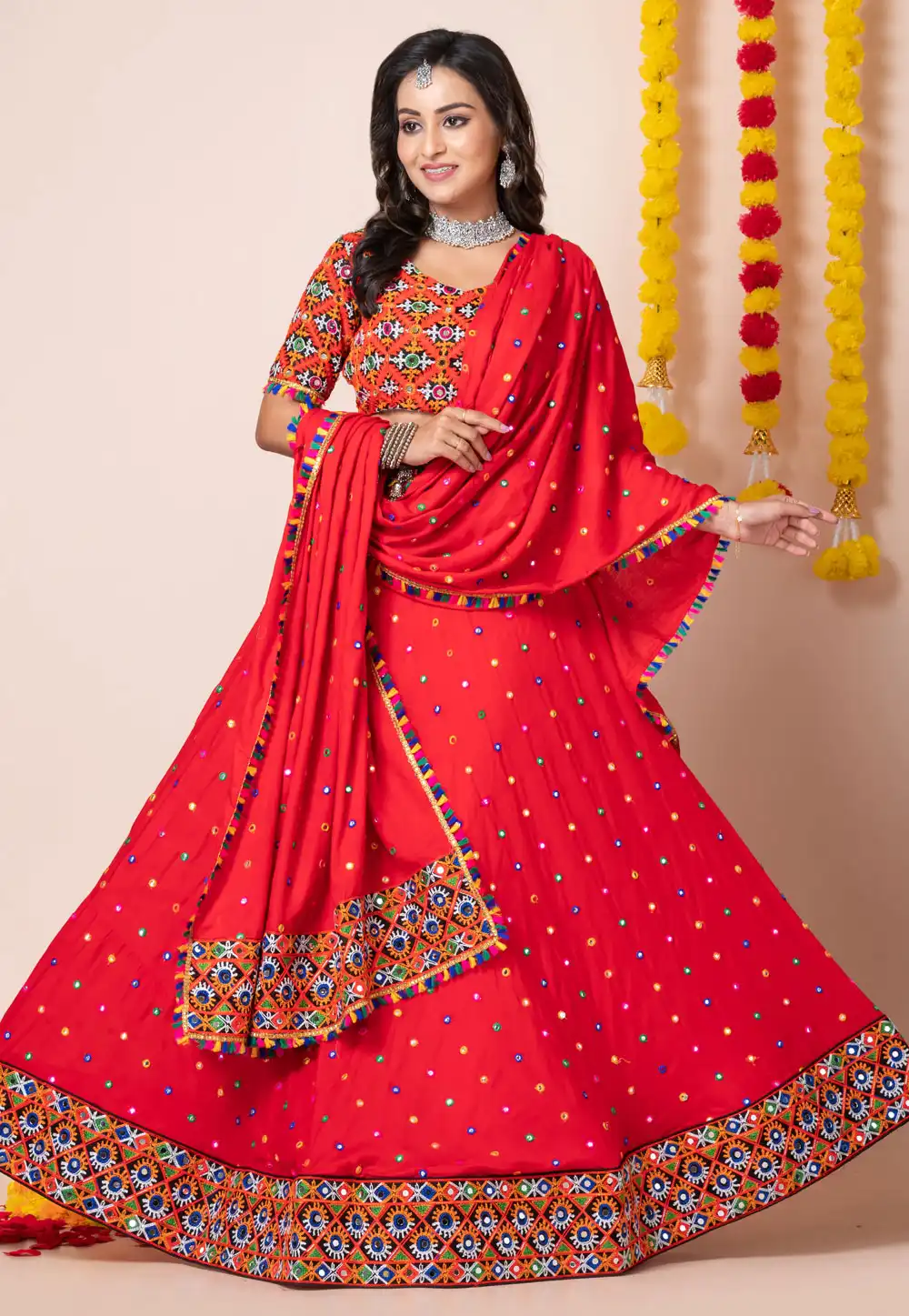 Red Rayon Navratri Chaniya Choli 292586