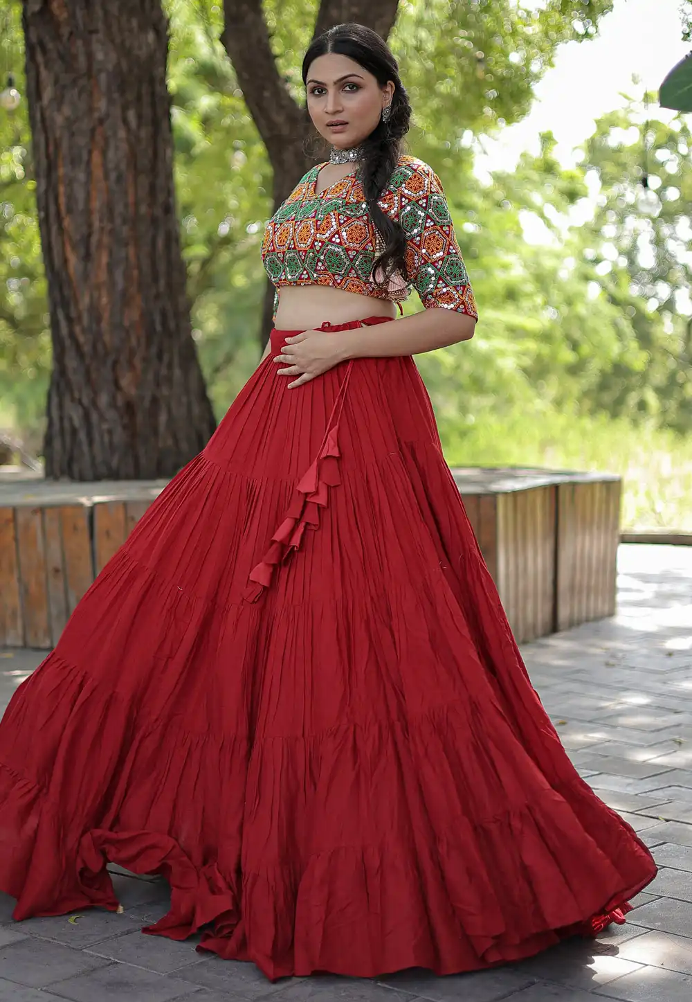 Red Rayon Navratri Chaniya Choli 292468