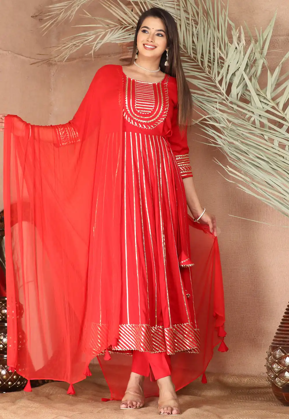 Red Rayon Readymade Anarkali Suit 292782