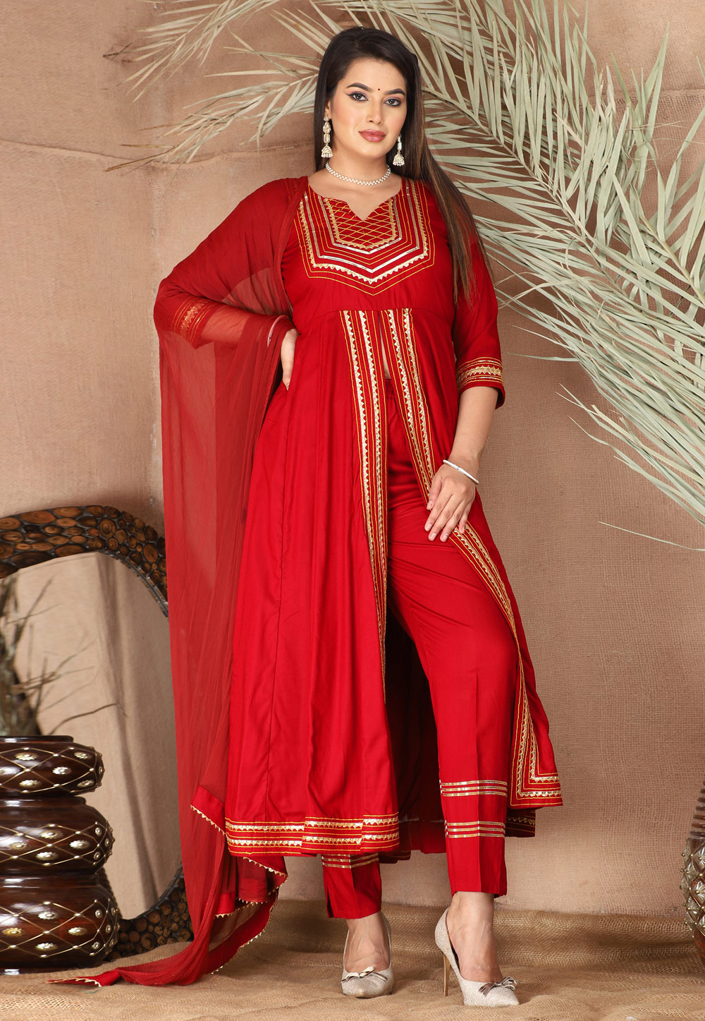Red Rayon Readymade Anarkali Suit 309289