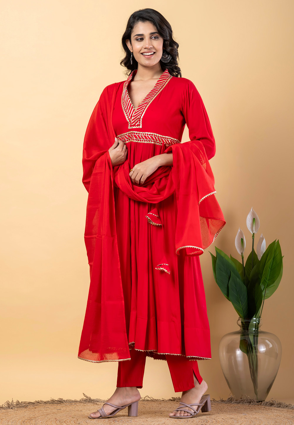 Red Rayon Readymade Long Anarkali Suit 306194