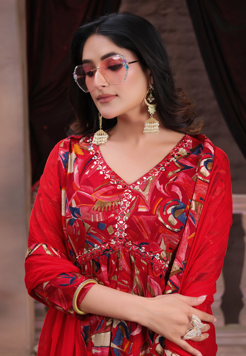 Plain Viscose Rayon Pakistani Suit in Red