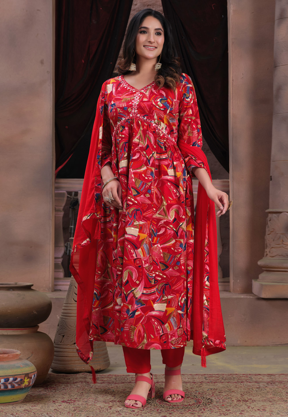 Red Rayon Readymade Pakistani Suit 278650