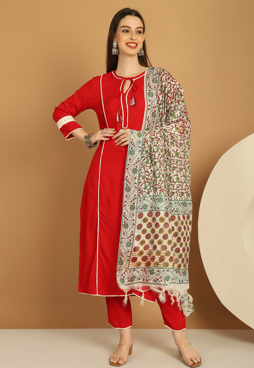 Red Rayon Readymade Pakistani Suit 279113